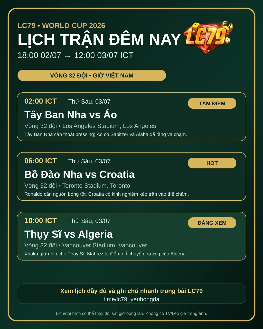 Lịch World Cup 02-03/07 theo giờ Việt Nam - LC79