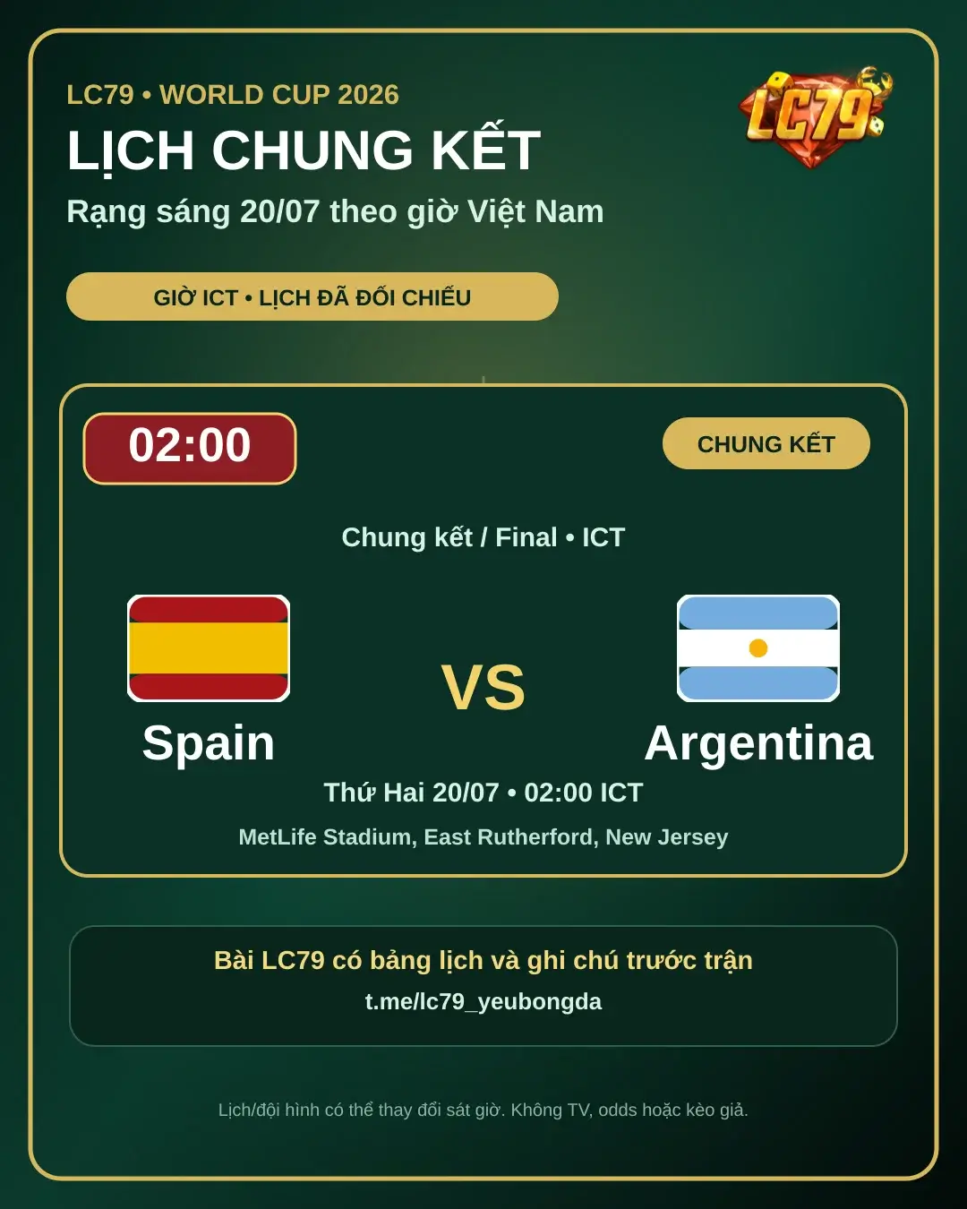 Lịch chung kết World Cup Spain vs Argentina rạng sáng 20/07 theo giờ Việt Nam - LC79